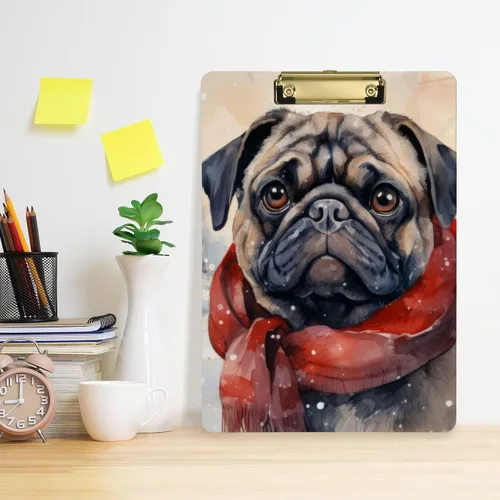 Vista 6 de Vnurnrn Portapapeles de plástico-Pug campo de nieve con gancho tamaño A4 12.5 X 9 pulgadas clip dorado para dibujo oficina