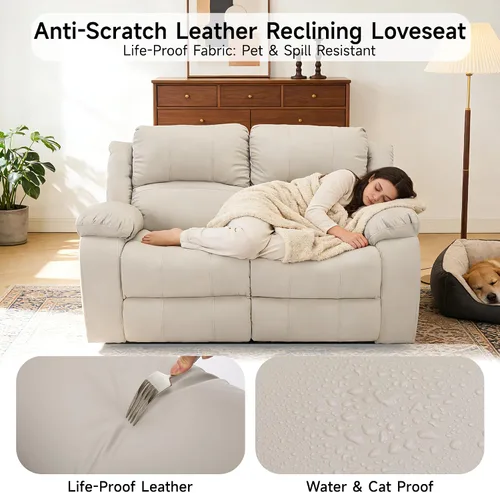 Vista 4 de Sofá reclinable de dos plazas de cuero, sofá reclinable de 2 plazas para sala de estar, sofá para cine en casa (Sofá de dos plazas, Beige)
