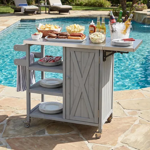 Vista 21 de JIVOIT Isla de cocina al aire libre de 78.3 pulgadas con mesa plegable, carrito de madera para exteriores con almacenamiento de basura y parte