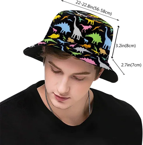 Vista 3 de Sombrero de pescador plegable para el sol y la playa, para mujeres y hombres, senderismo al aire libre, Dinosaurio de dibujos animados de dinosaurio