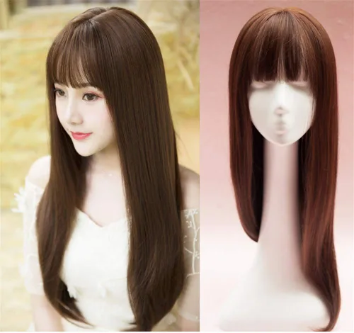 Vista 5 de Extensiones de pelo liso de 25.6 pulgadas con flequillo para mujeres negras, color negro, 4.59 oz