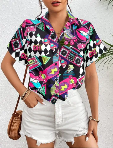 Vista 2 de Trajes de los años 80 y 90 para mujer, camisa retro de fiesta de discoteca de los 80, camiseta de manga corta con botones, blusa de los años 90