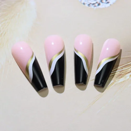 Vista 51 de Uñas postizas francesas a presión, uñas postizas largas de acrílico con forma de ataúd de cobertura completa, uñas postizas de bailarina