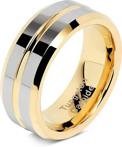 Vista 2 de 100S JEWELRY Anillos de tungsteno personalizados para alianzas de boda para hombres, oro y plata, línea central acanalada de dos tonos, tamaño 6-16