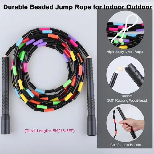 Vista 3 de Cuerdas de salto holandesas dobles de 16.5 pies para adultos y niños, cuerda de saltar larga Rainbw, cuerda de saltar con cuentas para fitness