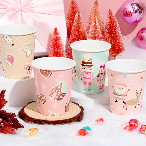 Vista 4 de Maxcheck 100 Piezas Vasos de Papel Rosa de Navidad de 9 onzas, Desechables, Copos de Nieve Rosa Alce, Tazas de Café de Navidad, Bebidas Calientes