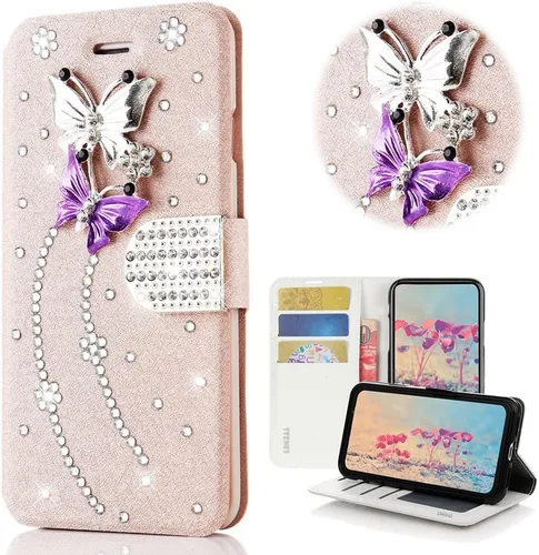 Vista 7 de Bling - Funda para Samsung Galaxy S21 Ultra, elegante, hecha a mano en 3D, diseño de mariposas, con protector de pantalla y correa para el cuello