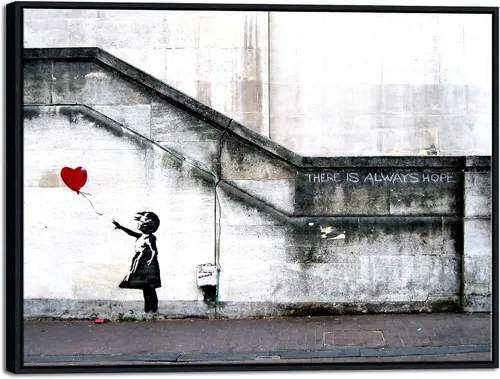 Vista 13 de Wieco Art Lienzo enmarcado para pared, impresiones en lienzo Giclée de Banksy Grafitti Girl con globo rojo, ilustraciones abstractas para decoración