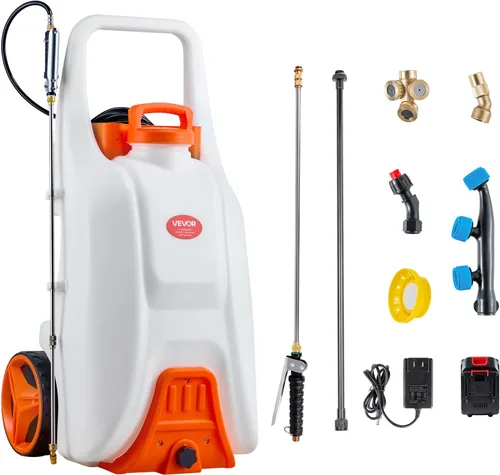 Vista 12 de VEVOR Pulverizador de mochila con batería de 4 galones con carro con ruedas, ajustable de 0-94 PSI, manguera de 13 pies, 6 boquillas, 2 varitas