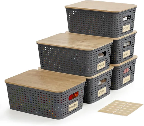 Vista 11 de Bagnizer Contenedores pequeños de plástico con tapas de bambú de 5.2 cuartos de galón, cesta apilable para despensa, contenedores decorativos lindos