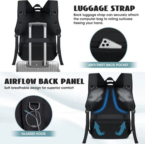 Vista 5 de Mochila de viaje para laptop de 17 pulgadas, extra grande, con orificio de carga USB, 45L, antirrobo, resistente al agua, bolsa para computadora