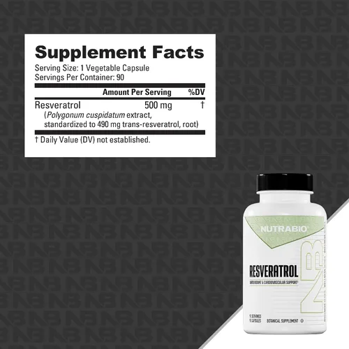 Vista 2 de NutraBio - Suplemento de resveratrol 98% puro, 500 mg, 90 cápsulas Estandarizado a 490 mg de resveratrol trans, apoyo para la salud cardíaca