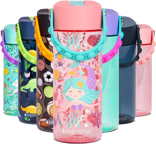Vista 11 de Elemental Botellas de agua para niños – Botella de agua para niños Splash para la escuela con mango Pop-it – Botella de agua de plástico Tritan sin