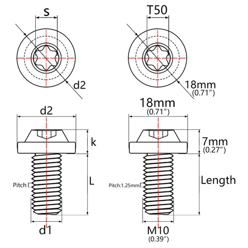 Vista 2 de Titanium M10 Torx Head Bolt (M10x10mm Pitch 1.25mm, Black) 10 15 20 25 30 35 40 45 50 55 60mm Pitch 1.25/1.5mm Screw Pack of 4