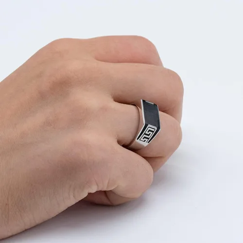 Vista 8 de AROTOROM 925 Sterling Silver Ring with Solid Rectangle Signet Black Enamel Ring, Turkish Classic Design Handmade Jewelry,Fashion Signet Ring
