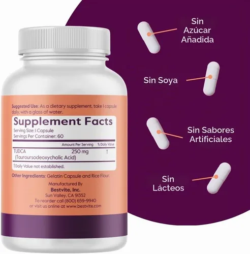 Vista 3 de BESTVITE TUDCA 250mg (60 Caps) (ácido taursodesoxicólico) - Sin estearatos