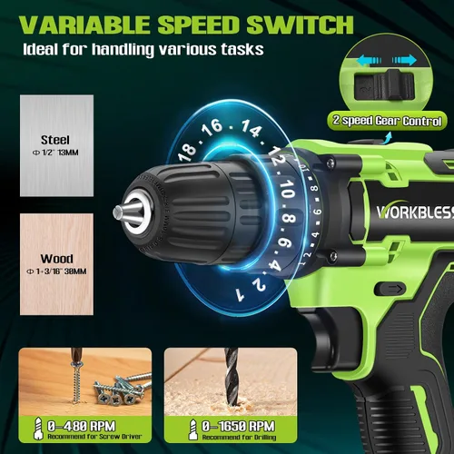 Vista 5 de WORKBLESS Juego de Taladro Eléctrico de 21V, Taladro Inalámbrico con Batería y Cargador, Portabrocas sin Llave de 3/8'', Velocidad Variable
