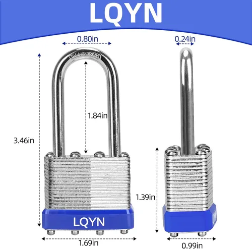 Vista 5 de Candados con la misma llave, LQYN 24 candados laminados con llave (1-9/16 pulgadas, 1.575 in), cerraduras con llave igual, grillete largo