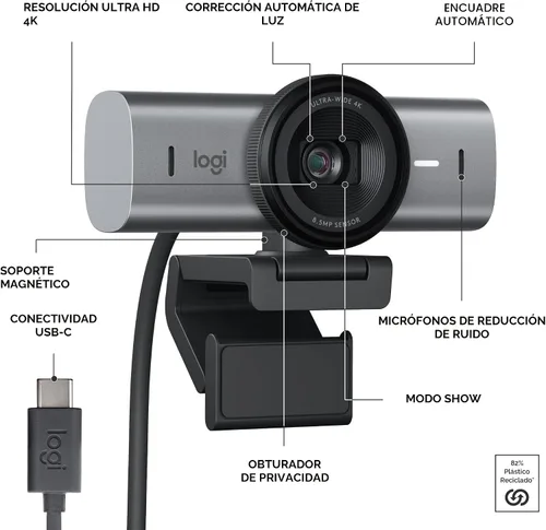 Vista 6 de Logitech MX Brio Ultra HD 4K Cámara web de colaboración y transmisión, 1080p a 60 FPS, modo Show, funciona con Microsoft Teams, Zoom, Google Meet