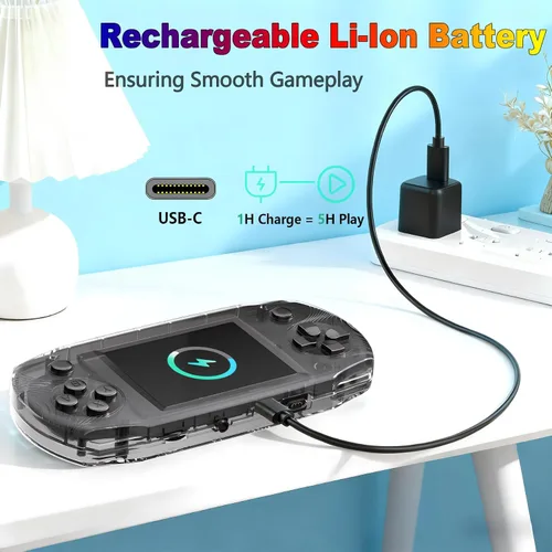 Vista 5 de Mini consola de juegos de mano retro para niños precargada 100 videojuegos, negro Rechargeable,Transparent,6+Hrs Play,3.2" IPS Screen, Portable