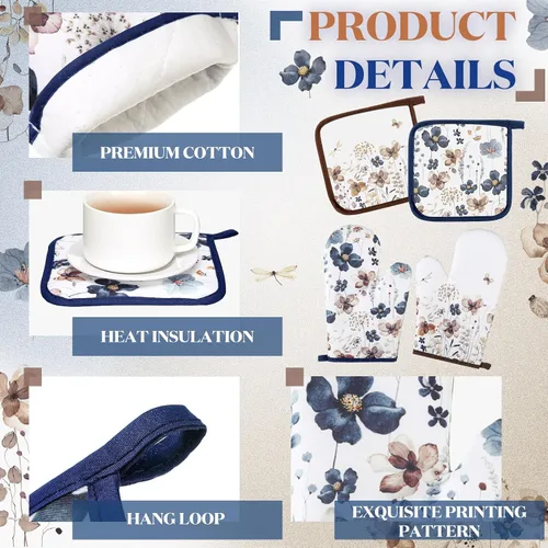 Vista 3 de Teenyyou Juego de 6 toallas de cocina con estampado floral de amapola marrón primavera, guantes de horno y agarraderas, decoración de flores