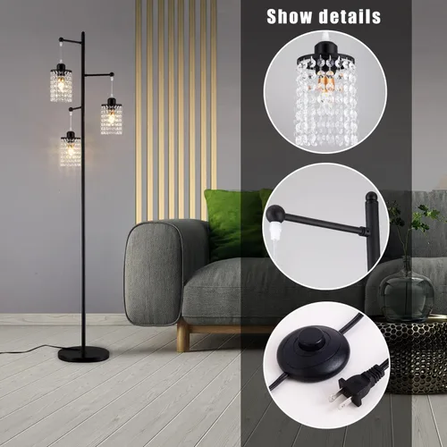 Vista 7 de beaysyty Art Decor Crystal Black Lámpara de pie de 3 luces contemporánea pantalla de cristal para sala de estar, dormitorio, oficina Negro