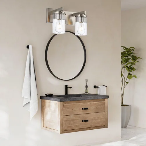 Vista 8 de BONLICHT Lámpara de pared de níquel cepillado de 2 luces con pantalla de cristal transparente, luces industriales de baño para interiores sobre