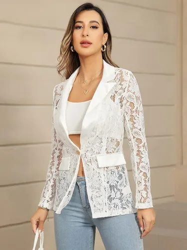 Vista 4 de WDIRARA Chaqueta elegante de manga larga con cuello de solapa y encaje floral para mujer