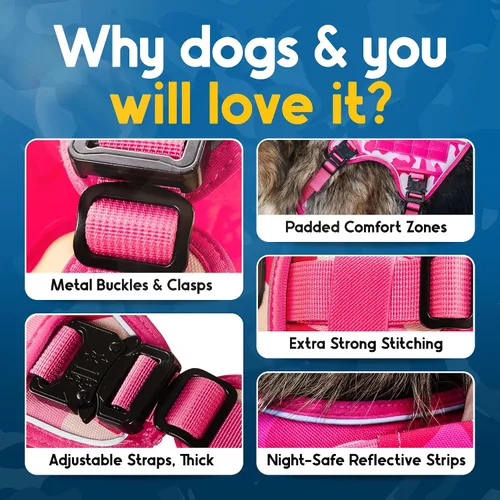 Vista 7 de Chaleco de arnés rosa sin tirones para perro de tamaño mediano con 4 hebillas de metal y doble costura Capitán Dog – Camuflaje rosa reflectante