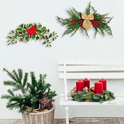 Vista 3 de Ochine Agujas artificiales de pino de invierno, con lazo de cinta y bayas rojas para decoración del hogar