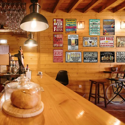 Vista 8 de Paquete de 8 letreros de metal divertidos para la pared del bar del hogar para decoración de cuevas de hombre, decoraciones retro de pub y regalos