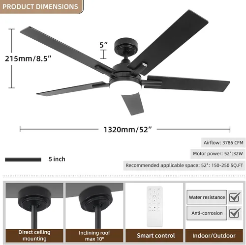 Vista 2 de Ventiladores de techo con luces, ventilador de techo negro de 52 pulgadas con luz y control remoto, reversible, 3CCT, regulable, silencioso