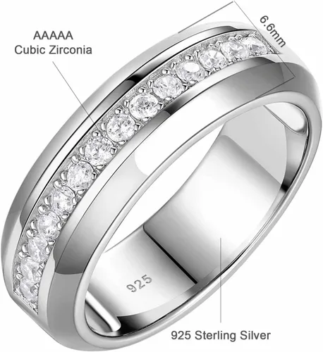 Vista 6 de Anillo de boda de oro blanco para hombre, plata de ley 925 con 13 circonitas cúbicas de corte redondo, anillo de compromiso para él, talla 7-14
