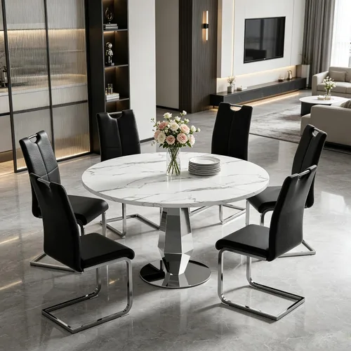 Vista 16 de Henf Mesa de comedor redonda de mármol sintético para 4 a 6 personas, mesa de cocina moderna de oro blanco de 47 pulgadas con base de acero Mesa