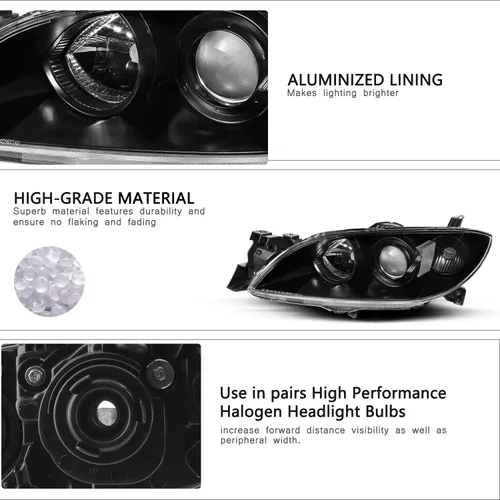 Vista 2 de Headlight Assembly Compatible with 2004-2009 Mazda 3 Sedan 4-Door Headlamp Driver and Passenger Side (Black Housing with Clear Reflector)