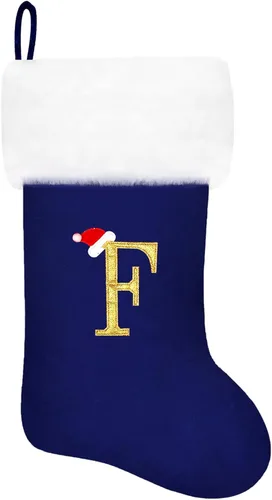 Vista 101 de Calcetines de Navidad bordados de 20 pulgadas con monograma, terciopelo negro con puño de felpa blanca supersuave, adornos clásicos para decoración