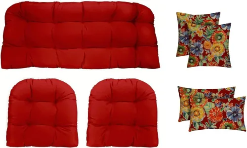 Vista 19 de RSH DECOR Juego de 7 piezas de mimbre copetudo para interiores y exteriores, sofá biplaza, cojines cuadrados y lumbares, hecho de telas aztecas