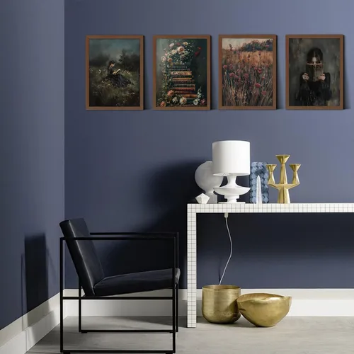 Vista 7 de Unframed Dark Academia Victorian Wall Art Set of 4,Vintage Woman Reading Painting Canvas Prints,Floral Bookshelves,Rustic Field & Antique Book