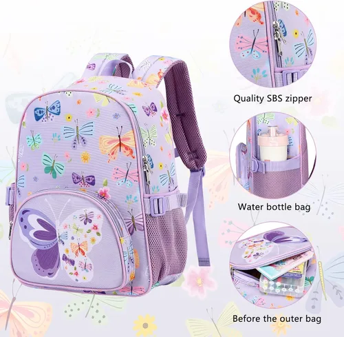 Vista 5 de Mochila para niños, mochila escolar para niñas y preescolar, mochila de unicornio para niños pequeños con clip para el pecho, púrpura