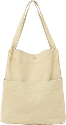 Vista 9 de Jeelow Washed Canvas Bucket Bag for Women, Slouchy Hobo Tote, 2 Pockets Bolsillo beige