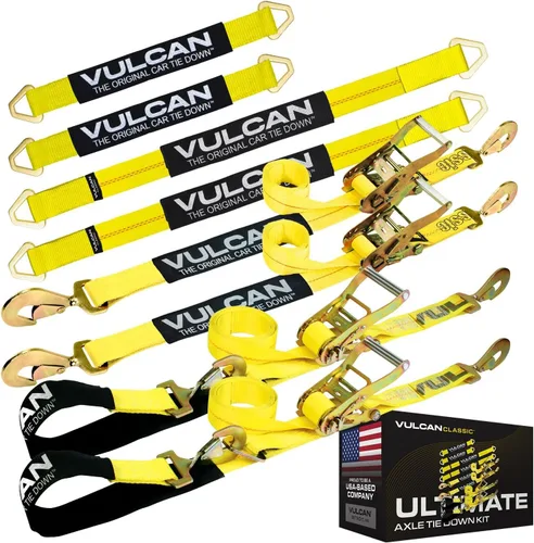 Vista 16 de VULCAN Kit completo de amarre de correa de eje con correas de trinquete de gancho a presión, amarillo clásico, incluye (4) correas de eje de 22