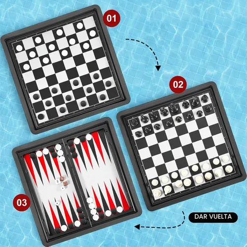 Vista 3 de Liliful Tablero flotante de múltiples juegos, reversible, plegable, tablero de ajedrez Tic Tac Toe portátil, juego de ajedrez y damas de backgammon