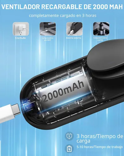 Vista 3 de Mini Ventilador de Mano Portátil con USB Recargable, Batería Operada de 2000 mAh, 3 Velocidades Ajustables, Pequeño Ventilador de Bolsillo Personal