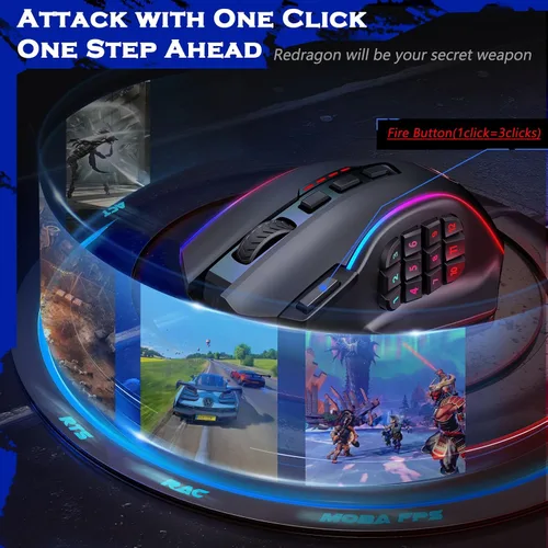 Vista 4 de Redragon Mouse inalámbrico para juegos, mouse MMO para juegos de hasta 16,000 DPI, 16 botones programables macro, recargable RGB con 12 botones