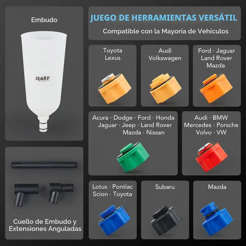 Vista 3 de OMT - Juego de embudo de aceite para motor, kit de llenado sin derrames de 2 cuartos de galón, 8 adaptadores
