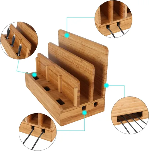 Vista 4 de Estación de carga de escritorio multidispositivo de madera de bambú Soporte de cargador compatible con iPhone 16 15 14 13 12 11 Pro Max iPad mini