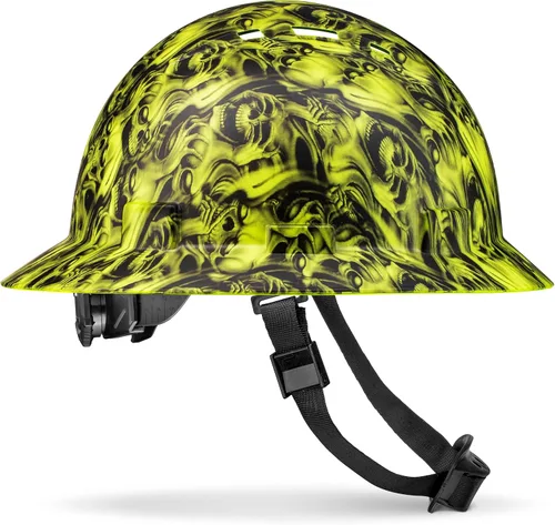 Vista 14 de Casco de construcción OSHA de ala completa con diseño de tatuaje/calavera, acabado mate, con suspensión de 6 puntos