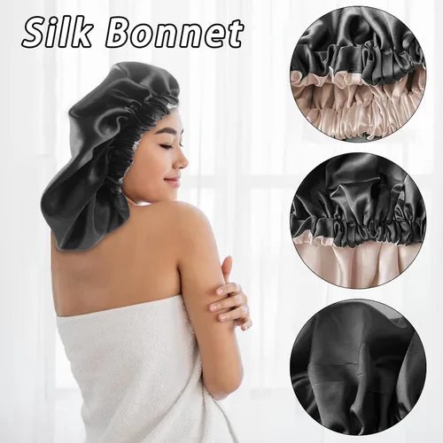 Vista 4 de Gorro de satén de seda para dormir, gorra grande ajustable de satén de seda para el cabello