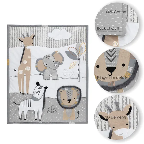 Vista 4 de Lambs & Ivy Jungle Safari - Juego de ropa de cama para cuna de bebé de 6 piezas, color gris/bronceado/blanco