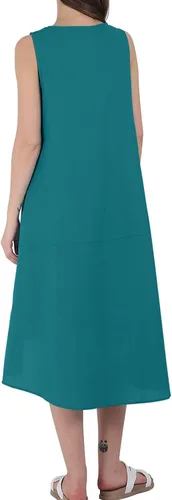 Vista 7 de utcoco Vestido casual de lino y algodón para mujer, cuello redondo, sin mangas, vestido midi para mujer